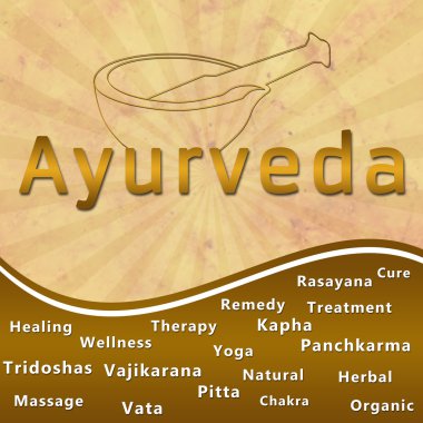 Ayurveda metin anahtar kelimeler harç ile kahverengi grunge