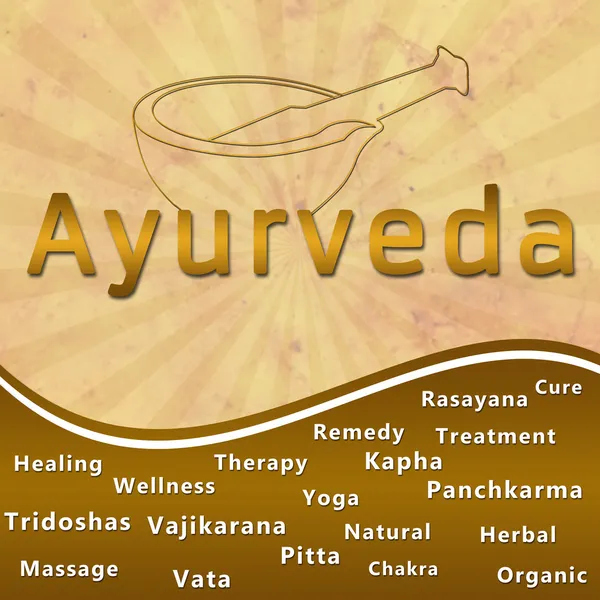 Ayurveda metin anahtar kelimeler harç ile kahverengi grunge