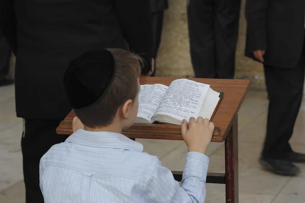 Young man reading from the Toran during Shabbat in Jerusalem, Israel — Stock Photo, Image