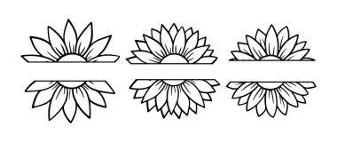 Ayçiçeği parçalı monogram seti. Çiçek silueti vektör çizimi. Ayçiçeği grafik logo koleksiyonu, ambalaj için el çizimi simge, dekor. Yaprak çerçeve, siyah siluet beyaz arkaplanda izole edilmiş