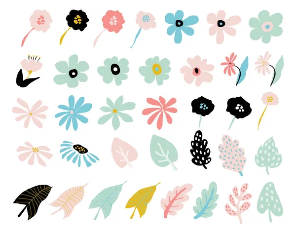 Abstract moderne bloemen set. Eenvoudige bloesemvormen, geometrische collageelementen. Hedendaagse bloem en bladeren collectie. Organische grafische vormen geïsoleerd op witte achtergrond. Vector Vectorbeelden