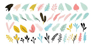 Soyut modern çiçekler seti. Çiçek açan basit şekiller, geometrik kolaj elementleri. Çağdaş çiçek ve yapraklar koleksiyonu. Beyaz arka planda izole edilmiş organik grafik şekiller. Vektör