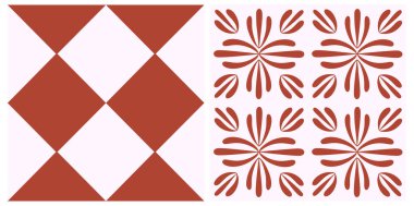 Döşeme Portekiz çiçeği pürüzsüz desen seti. Kırmızı renkli geometrik arkaplan. Geleneksel azulejo tekrarlayan süs. Vektör monokrom desen koleksiyonu. Soyut vintage baskı, kumaş, ambalaj, Scrapbook