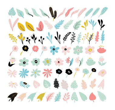 Soyut modern çiçekler seti. Çiçek açan basit şekiller, geometrik kolaj elementleri. Çağdaş çiçek ve yapraklar koleksiyonu. Beyaz arka planda izole edilmiş organik grafik şekiller. Vektör