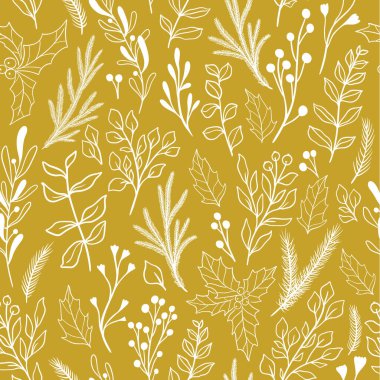 Noel bitkileri ve böğürtlenli, ökseotlu, okaliptüslü, noktalı, çobanpüskülü kışın kusursuz botanik deseni. Eski karalama kumaş desenleri, yeni yıl ambalaj kağıtları. Rustik biçim vektör illüstrasyonu.