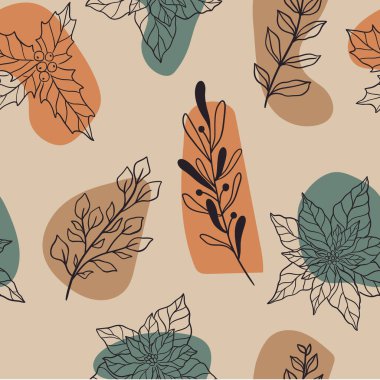 Noel bitkileri ve böğürtlenli, ökseotlu, noktalı, Holly 'li kışın kusursuz botanik deseni. Modern karalama kumaşı tekrarı, yeni yıl ambalaj kağıdı. Çağdaş biçim vektör illüstrasyonu.