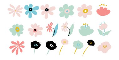 Soyut modern çiçekler seti. Çiçek açan basit şekiller, geometrik kolaj elementleri. Çağdaş çiçek ve yapraklar koleksiyonu. Beyaz arka planda izole edilmiş organik grafik şekiller. Vektör