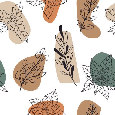 Noel bitkileri ve böğürtlenli, ökseotlu, noktalı, Holly 'li kışın kusursuz botanik deseni. Modern karalama kumaş deseni, yeni yıl ambalaj kağıdı. Çağdaş biçim vektör illüstrasyonu.