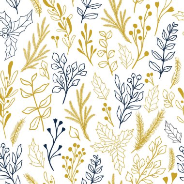 Noel bitkileri ve böğürtlenli, ökseotlu, okaliptüslü, noktalı, çobanpüskülü kışın kusursuz botanik deseni. Eski karalama kumaş desenleri, yeni yıl ambalaj kağıtları. Rustik biçim vektör illüstrasyonu.