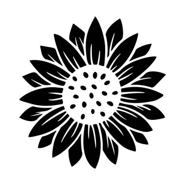 Ayçiçeği simgesi. Çiçek silueti vektör çizimi. Ayçiçeği grafik logosu, ambalaj için el çizimi simge, dekor. Yaprak çerçeve, siyah siluet beyaz arkaplanda izole edilmiş