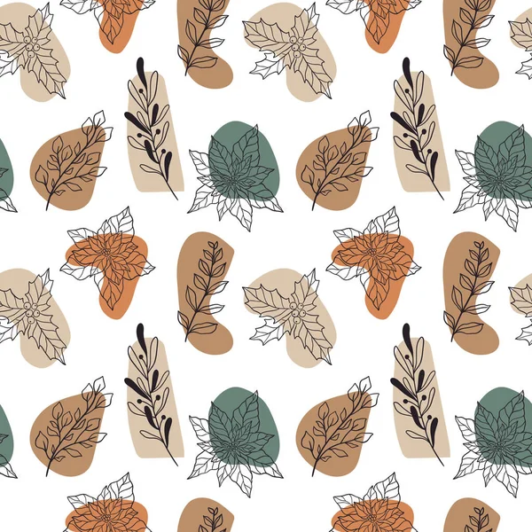 Winter naadloze botanische patroon met kerstplanten en bessen, maretak, poinsettia, hulst. Moderne doodle stof patroon, Nieuwjaar inpakpapier. Hedendaagse stijl vector illustratie. — Stockvector