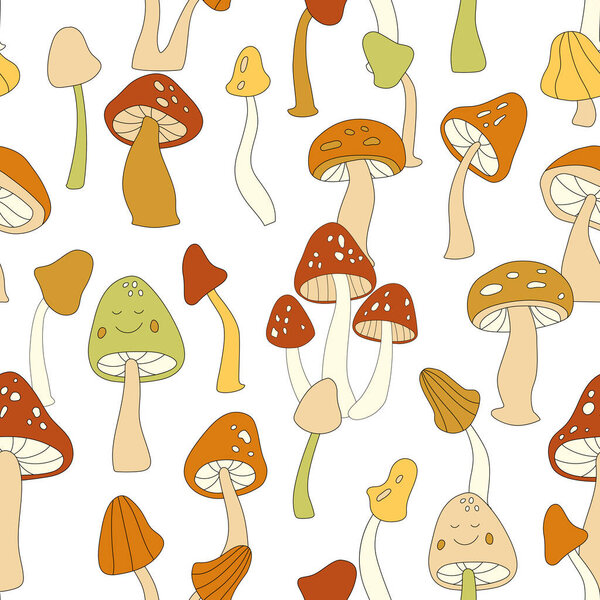 70s retro mushroom vector seamless pattern. Groovy vintage floral repeat pattern with fungi, fly agaric. Cute mushroom hippie print for wallpaper, banner, textile design, fabric, wrapping