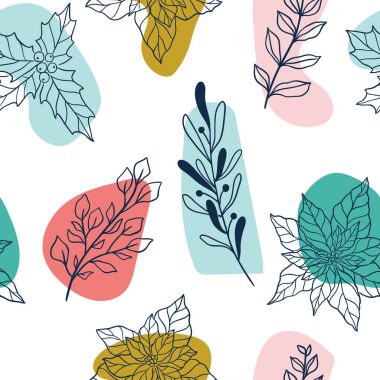 Noel bitkileri ve böğürtlenli, ökseotlu, noktalı, Holly 'li kışın kusursuz botanik deseni. Modern karalama kumaş deseni, yeni yıl ambalaj kağıdı. Çağdaş biçim vektör illüstrasyonu.