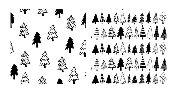Karácsonyfa zökkenőmentes minta. Kézzel rajzolt firka erdő háttér. Retro ünnepi csomagolópapír. Vektor monokróm minta. — Stock Vector