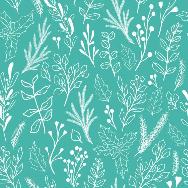 Noel bitkileri ve böğürtlenli, ökseotlu, okaliptüslü, noktalı, çobanpüskülü kışın kusursuz botanik deseni. Eski karalama kumaş desenleri, yeni yıl ambalaj kağıtları. Rustik biçim vektör illüstrasyonu.