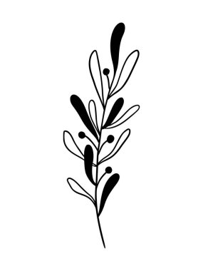 Ökseotu vektör illüstrasyonu. Çiçekli el çizimi ilex. Modern stilde Noel doğrusal unsuru. Beyaz arka planda izole edilmiş zarif bir siluet. Ökse otu çizgisi, davetiye, kart, poster.