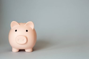 Gri arka planda, kopyalama alanı olan bir kumbara. Yatırım, mevduat ve tasarruf için banka hesapları. asgari kavram.