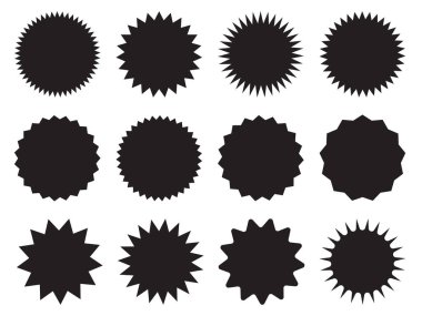 Bir dizi vektör yıldız patlaması, güneş patlaması rozetleri. Tasarım elemanları. Satış etiketi, fiyat etiketi, kalite notu için en iyisi. Düz vektör çizimi beyaz arkaplanda izole edildi.