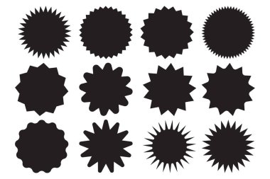 Bir dizi vektör yıldız patlaması, güneş patlaması rozetleri. Tasarım elemanları. Satış etiketi, fiyat etiketi, kalite notu için en iyisi. Düz vektör çizimi beyaz arkaplanda izole edildi.