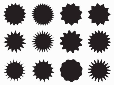 Bir dizi vektör yıldız patlaması, güneş patlaması rozetleri. Tasarım elemanları. Satış etiketi, fiyat etiketi, kalite notu için en iyisi. Düz vektör çizimi beyaz arkaplanda izole edildi.