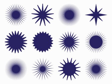 Güneş patlaması vektör rozetleri. Grafik, parlaklık, mühür, dekorasyon, güneş ışığı, sim sembolü. Hippi stili rozetler. Tasarım ögesi eski tarz projeler için harika. 