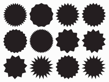 Bir dizi vektör yıldız patlaması, güneş patlaması rozetleri. Tasarım elemanları. Satış etiketi, fiyat etiketi, kalite notu için en iyisi. Düz vektör çizimi beyaz arkaplanda izole edildi.