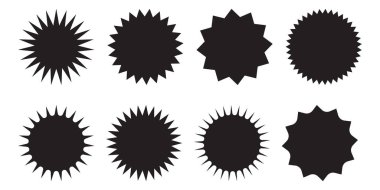Bir dizi vektör yıldız patlaması, güneş patlaması rozetleri. Tasarım elemanları. Satış etiketi, fiyat etiketi, kalite notu için en iyisi. Düz vektör çizimi beyaz arkaplanda izole edildi.