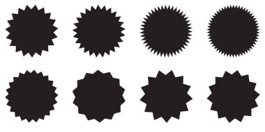 Bir dizi vektör yıldız patlaması, güneş patlaması rozetleri. Tasarım elemanları. Satış etiketi, fiyat etiketi, kalite notu için en iyisi. Düz vektör çizimi beyaz arkaplanda izole edildi.