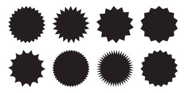 Bir dizi vektör yıldız patlaması, güneş patlaması rozetleri. Tasarım elemanları. Satış etiketi, fiyat etiketi, kalite notu için en iyisi. Düz vektör çizimi beyaz arkaplanda izole edildi.
