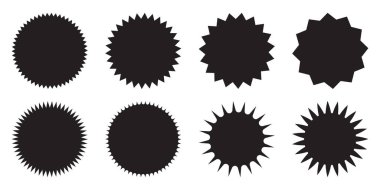 Güneş patlaması vektör rozetleri. Grafik, parlaklık, mühür, dekorasyon, güneş ışığı, sim sembolü. Hippi stili rozetler. Tasarım ögesi eski tarz projeler için harika. 