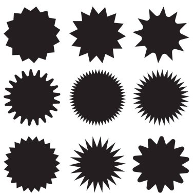 Güneş patlaması rozetlerini hazırla. Bir dizi vektör yıldız patlaması, güneş patlaması rozetleri. Basit düz stil vintage etiketler, çıkartmalar. Koleksiyon yıldızı etiketi. Farklı yıldız patlaması.