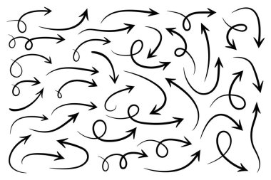 Eğri çizilmiş oklar. Çizim stili. Vektör işaretçilerinin koleksiyonu.