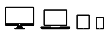 Aygıt simgesi: Bilgisayar, laptop, tablet ve akıllı telefon seti. Web sitesi ve mobil uygulama için vektör illüstrasyonu.