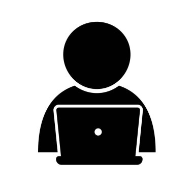 Bilgisayar vektör simgesi ile çalışan kullanıcı, dizüstü bilgisayarı simgesi olan kişi.