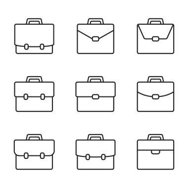 Evrak çantası simgesi seti. Çanta, portföy sembolü. Dolu, özet, çizgi ve vuruş tarzında dizayn edilmiş iş çantası simgesi. Vektör illüstrasyonu beyaz arkaplanda izole edildi.