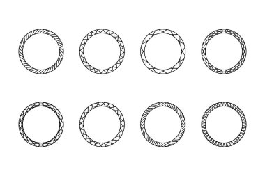 Süslü siyah klasik dairesel çerçeveler. Bir takım soyut siyah semboller. Retro pankart koleksiyonu. Bilgi ve metin için boş şablonları daire içine al.