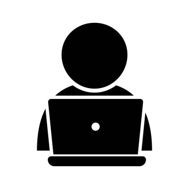 Bilgisayar vektör simgesi ile çalışan kullanıcı, dizüstü bilgisayarı simgesi olan kişi.