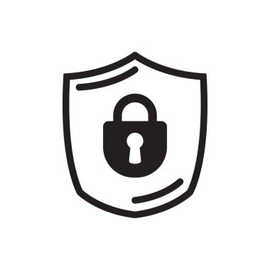 Kilit sembollü kalkan güvenliği. Vektör veri koruması, siber güvenlik simgesi. Sembol ve işaret çizimi tasarımı. Beyaz arkaplanda izole