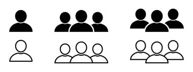 Kullanıcı simgesi ve insan satırı simgesi, takım simgesi, grup simgesi, dış hatlar ve katı vektör çizimi, doğrusal pictogram izole edildi.
