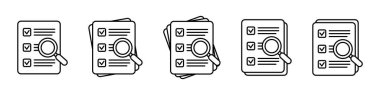 Belge kontrol simgesi vektör illüstrasyonu. Kontrol listesi büyüteç değerlendirme satırı simgesi.