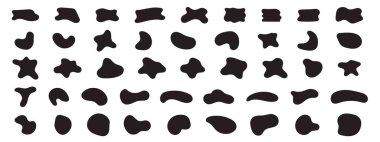 Siyah soyut şekiller, organik kabarcıklar ve düzensiz şekiller. Mürekkep lekesi siluetleri, basit sıvı leke elementleri. Büyük vektör kümesi.