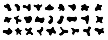 Siyah soyut şekiller, organik kabarcıklar ve düzensiz şekiller. Mürekkep lekesi siluetleri, basit sıvı leke elementleri. Büyük vektör kümesi.