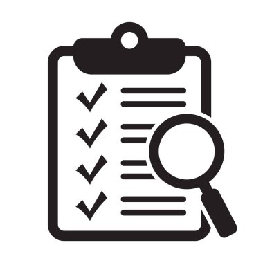 Büyüteç simgeli pano, iş konsepti. Analiz, ikon analiz. Dosya arama simgesi, belge araması, vektör izole.