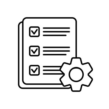 İzole edilmiş dişli simgesi olan kontrol listesi. Teknik destek kontrol listesi simgesi. Yönetim düz simge konsepti. Yazılım geliştirme.
