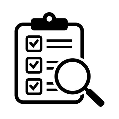 Büyüteç simgeli pano, iş konsepti. Analiz, ikon analiz. Dosya arama simgesi, belge araması, vektör izole.