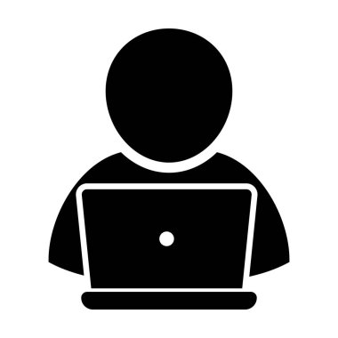 Bilgisayar vektör simgesi ile çalışan kullanıcı, dizüstü bilgisayarı simgesi olan kişi.
