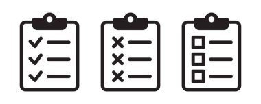 Pano kontrol listesi veya belge. Vektör izole simgeler veya işaretler. Kontrol işareti çapraz ve metin içeren pano. Pano konsept vektörü. Kontrol listesi belgesi.