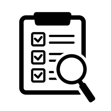 Büyüteç simgeli pano, iş konsepti. Analiz, ikon analiz. Dosya arama simgesi, belge araması, vektör izole.