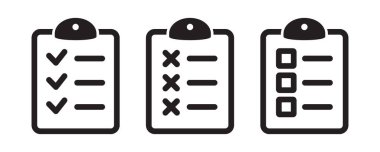 Pano kontrol listesi veya belge. Vektör izole simgeler veya işaretler. Kontrol işareti çapraz ve metin içeren pano. Pano konsept vektörü. Kontrol listesi belgesi.