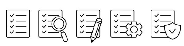 Conjunto Ícones Linha Checklist Lista Verificação Com Lupa Lápis Engrenagem — Vetor de Stock